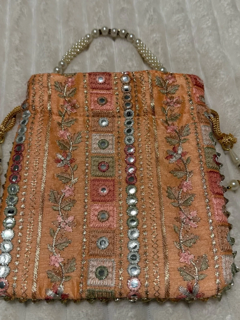 Embroidered Peach Beaded Evening Bag